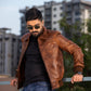 Men's Vintage Distressed Brown Biker Sheepskin Leather Jacket | Majestic Leather — collar detail | Majestic Leather UK
