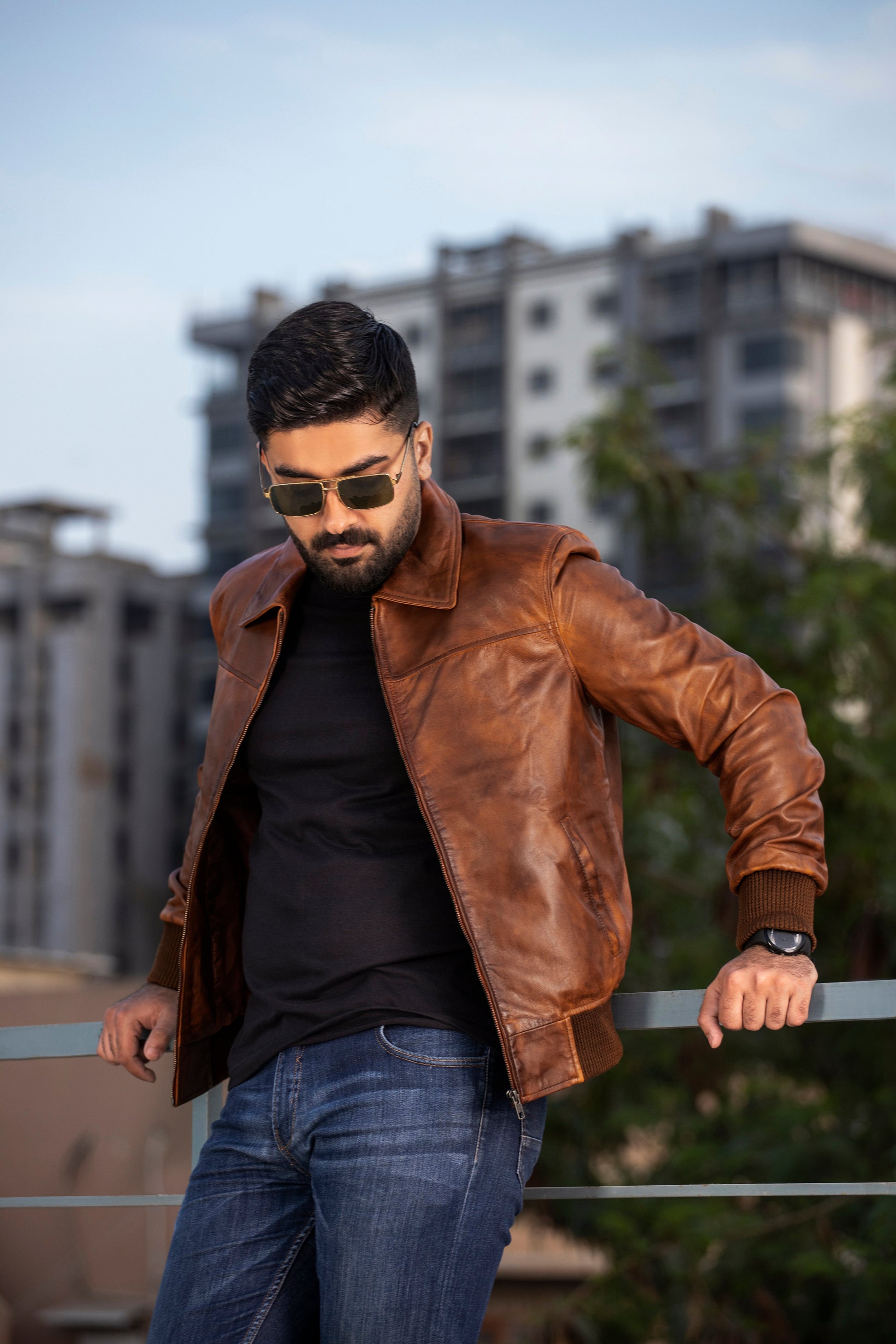 Men's Vintage Distressed Brown Biker Sheepskin Leather Jacket | Majestic Leather — collar detail | Majestic Leather UK