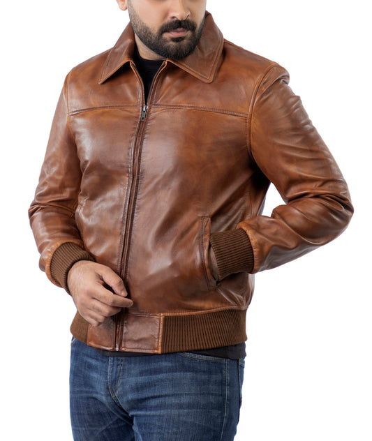 Men's Vintage Distressed Brown Biker Sheepskin Leather Jacket — front view | Majestic Leather UK