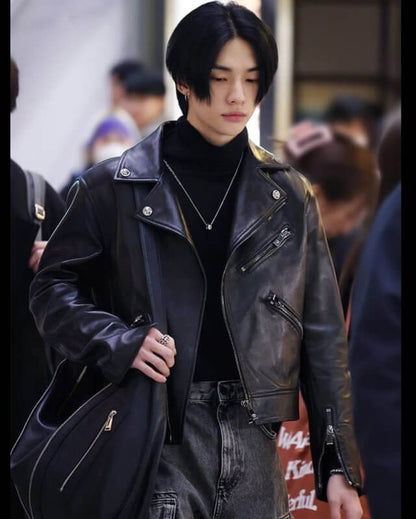 Stray Kids Hyunjin Celebrity Biker Leather Jacket — back view | Majestic Leather UK