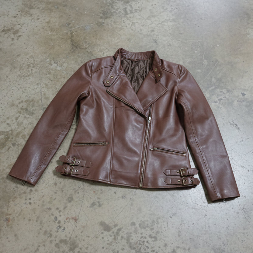 Women Biker - Resident Evil Requiem Grace Ashcroft Brown Leather Jacket — collar detail | Majestic Leather UK