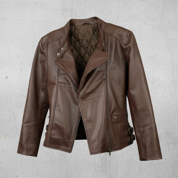 Women Biker - Resident Evil Requiem Grace Ashcroft Brown Leather Jacket — side profile | Majestic Leather UK