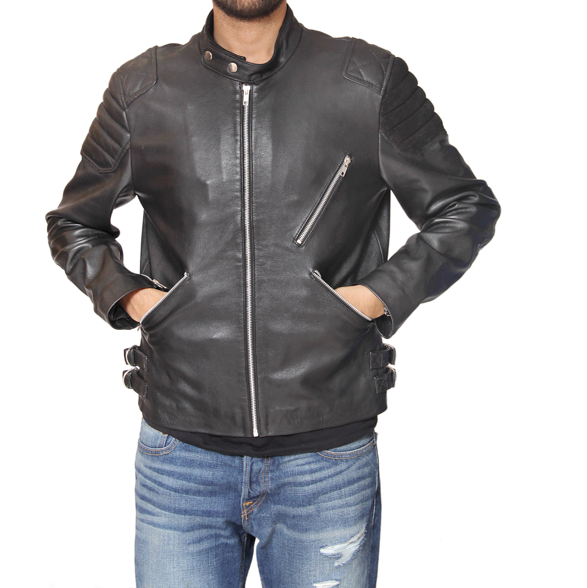Men's Black Genuine Leather Biker Jacket with Quilted Shoulders | Majestic Leather Majestic Leather