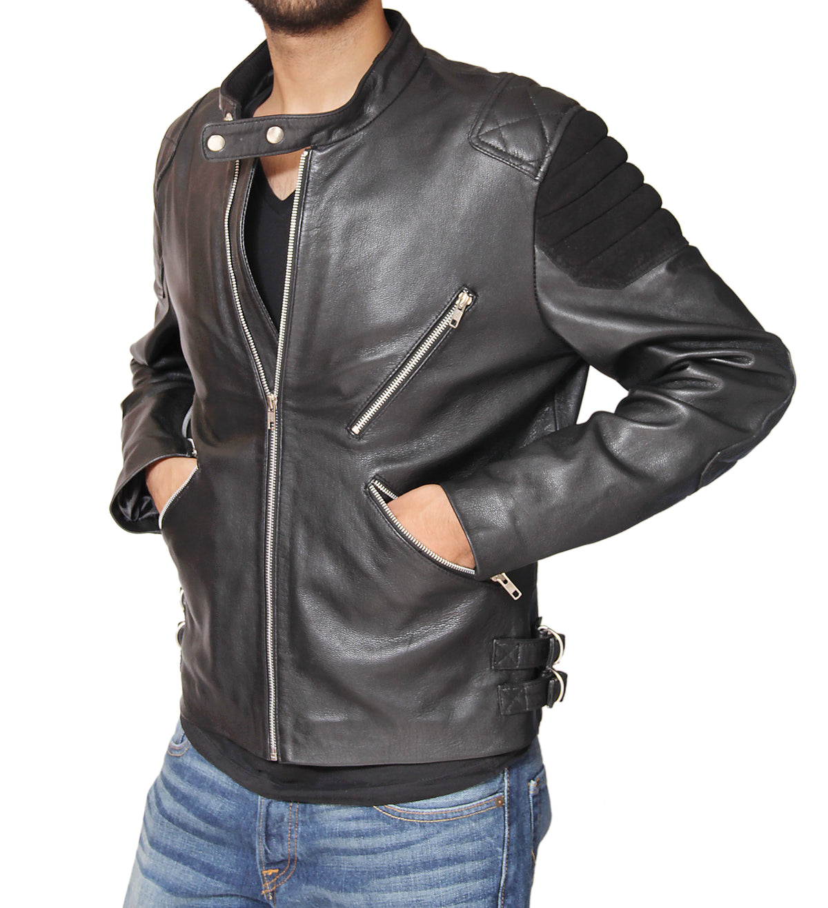 Men's Black Genuine Leather Biker Jacket with Quilted Shoulders | Majestic Leather Majestic Leather