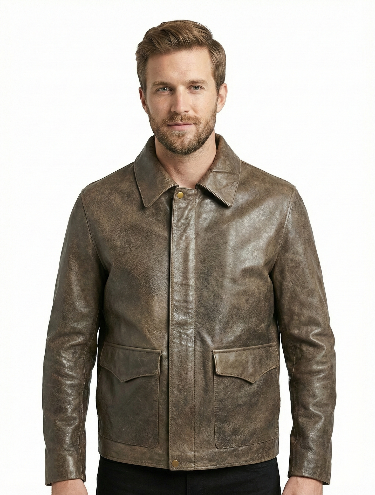 Indiana Jones Distress Brown Genuine Cow Hide Leather Jacket IJ-NA-90 — front view | Majestic Leather UK