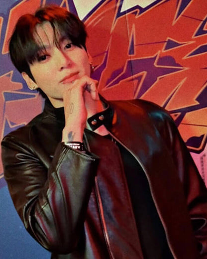 BTS Jung Kook Celebrity Biker Leather Jacket — back view | Majestic Leather UK