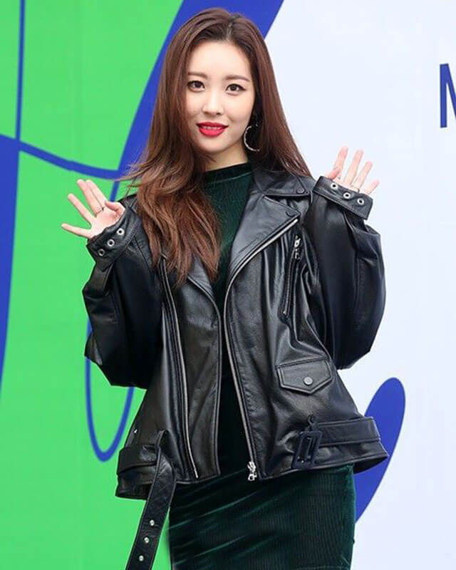 Women Biker - K-pop Sunmi Black Leather Jacket — front view | Majestic Leather UK