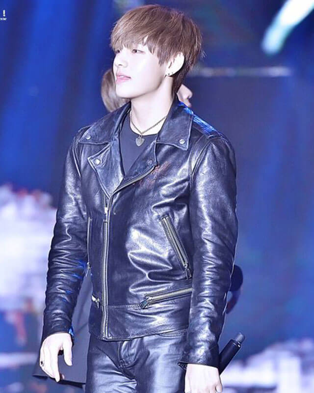 Women Biker - BTS Kim Taehyung Black Leather Jacket — collar detail | Majestic Leather UK