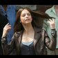 Women Biker - Beauty & the Beast Catherine Chandler Brown Leather Jacket — collar detail | Majestic Leather UK