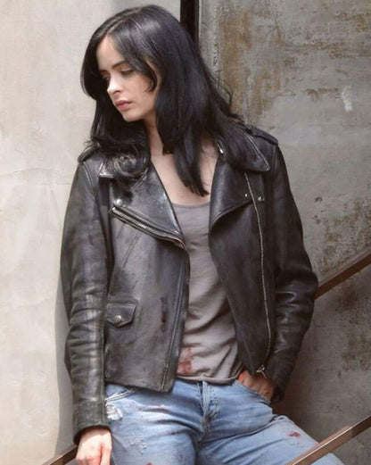 Jessica Jones Celebrity Biker Leather Jacket — back view | Majestic Leather UK
