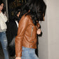 Women Biker - Kylie Jenner Brown Biker Leather Jacket — collar detail | Majestic Leather UK