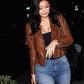 Women Biker - Kylie Jenner Brown Biker Leather Jacket — side profile | Majestic Leather UK