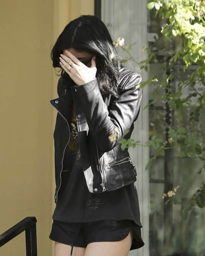 Kylie Jenner Celebrity Biker Leather Jacket — back view | Majestic Leather UK