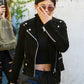 Women Biker - Kylie Jenner Suede Biker Jacket — side profile | Majestic Leather UK