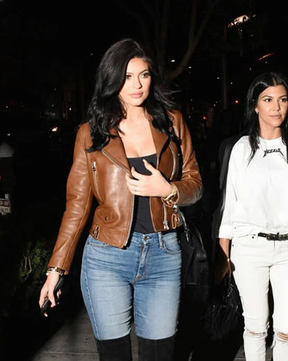 Kylie Jenner Celebrity Brown Biker Leather Jacket — back view | Majestic Leather UK