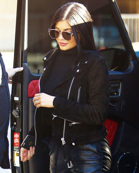 Women Biker - Kylie Jenner Suede Biker Jacket — front view | Majestic Leather UK