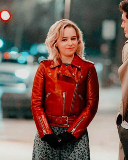 Last Christmas Emilia Clarke Celebrity Red Leather Jack — back view | Majestic Leather UK