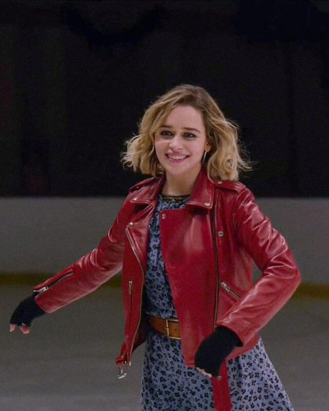 Women Biker - Last Christmas Emilia Clarke Red Leather Jacket — side profile | Majestic Leather UK