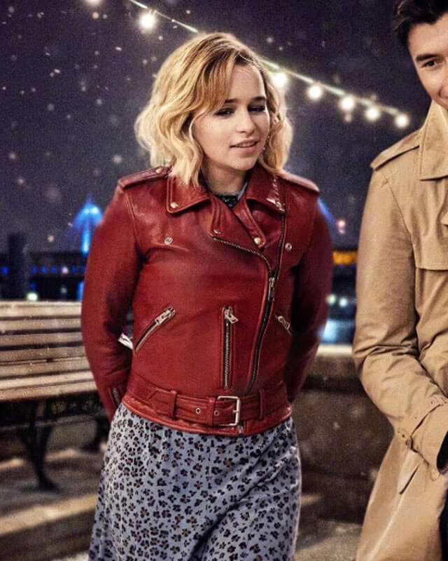 Women Biker - Last Christmas Emilia Clarke Red Leather Jacket — front view | Majestic Leather UK