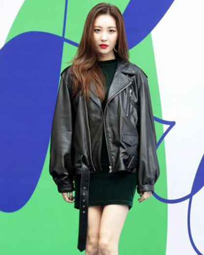 K-pop Sunmi Celebrity Black Leather Jacket — back view | Majestic Leather UK