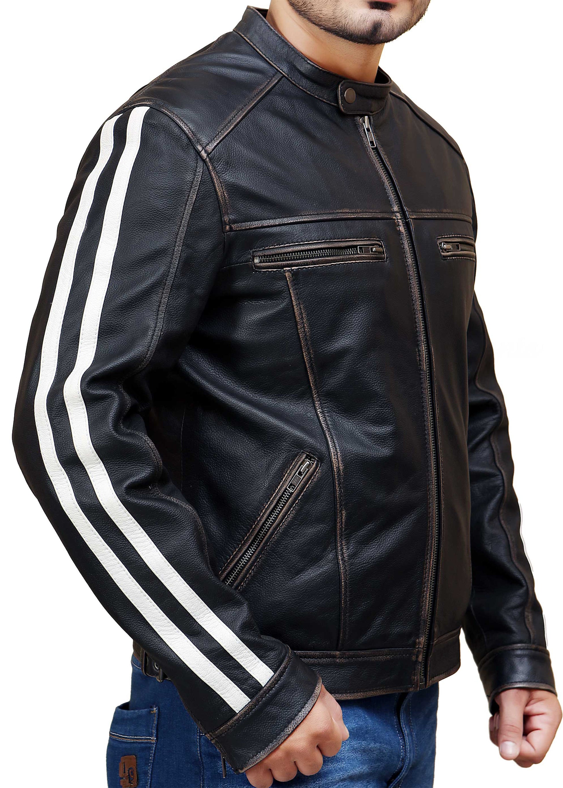 Black Distress With White Straps Real Leather Jacket | Majestic Leather — back view | Majestic Leather UK