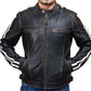 Black Distress With White Straps Real Leather Jacket | Majestic Leather — side profile | Majestic Leather UK