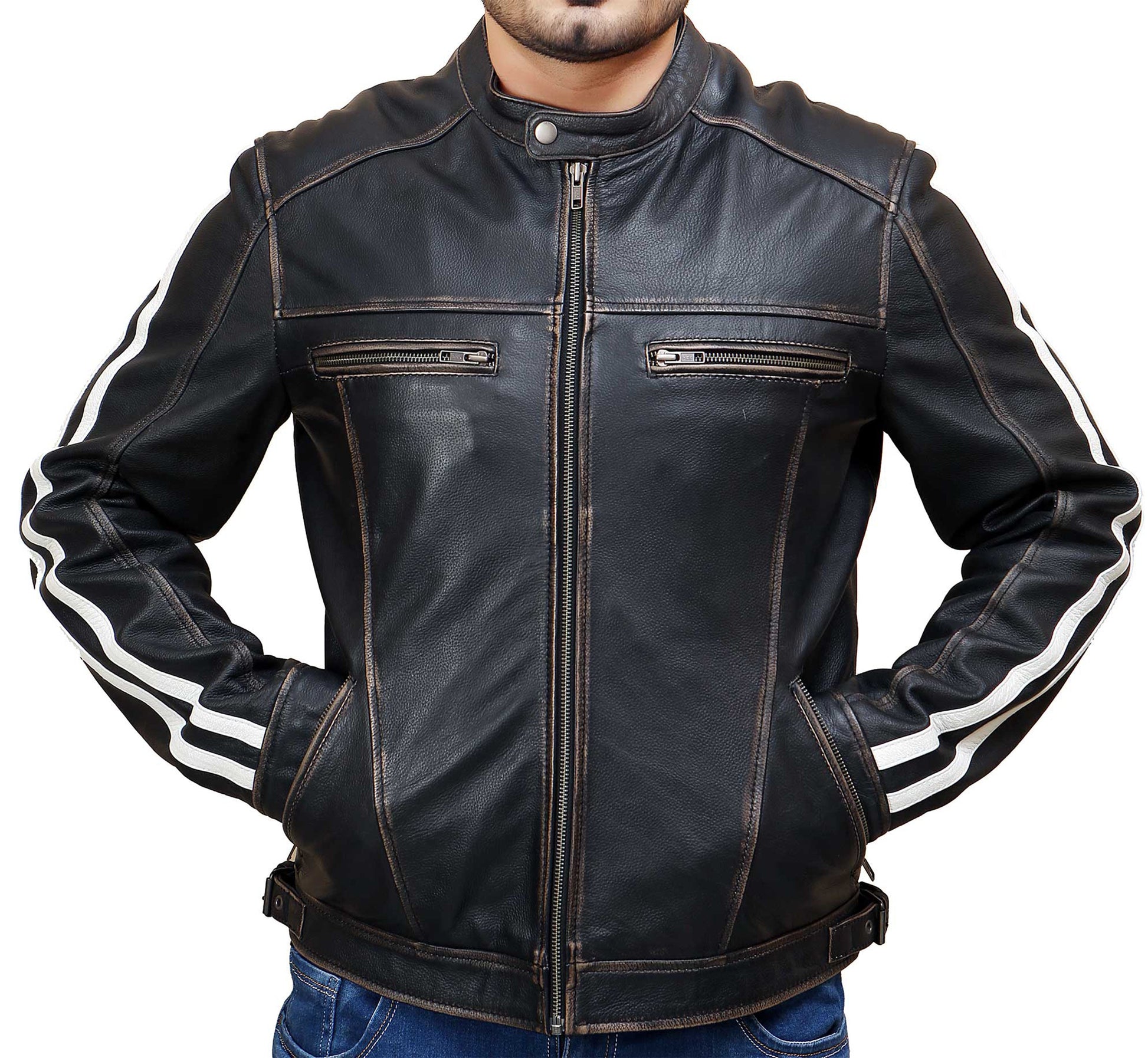 Black Distress With White Straps Real Leather Jacket | Majestic Leather — side profile | Majestic Leather UK