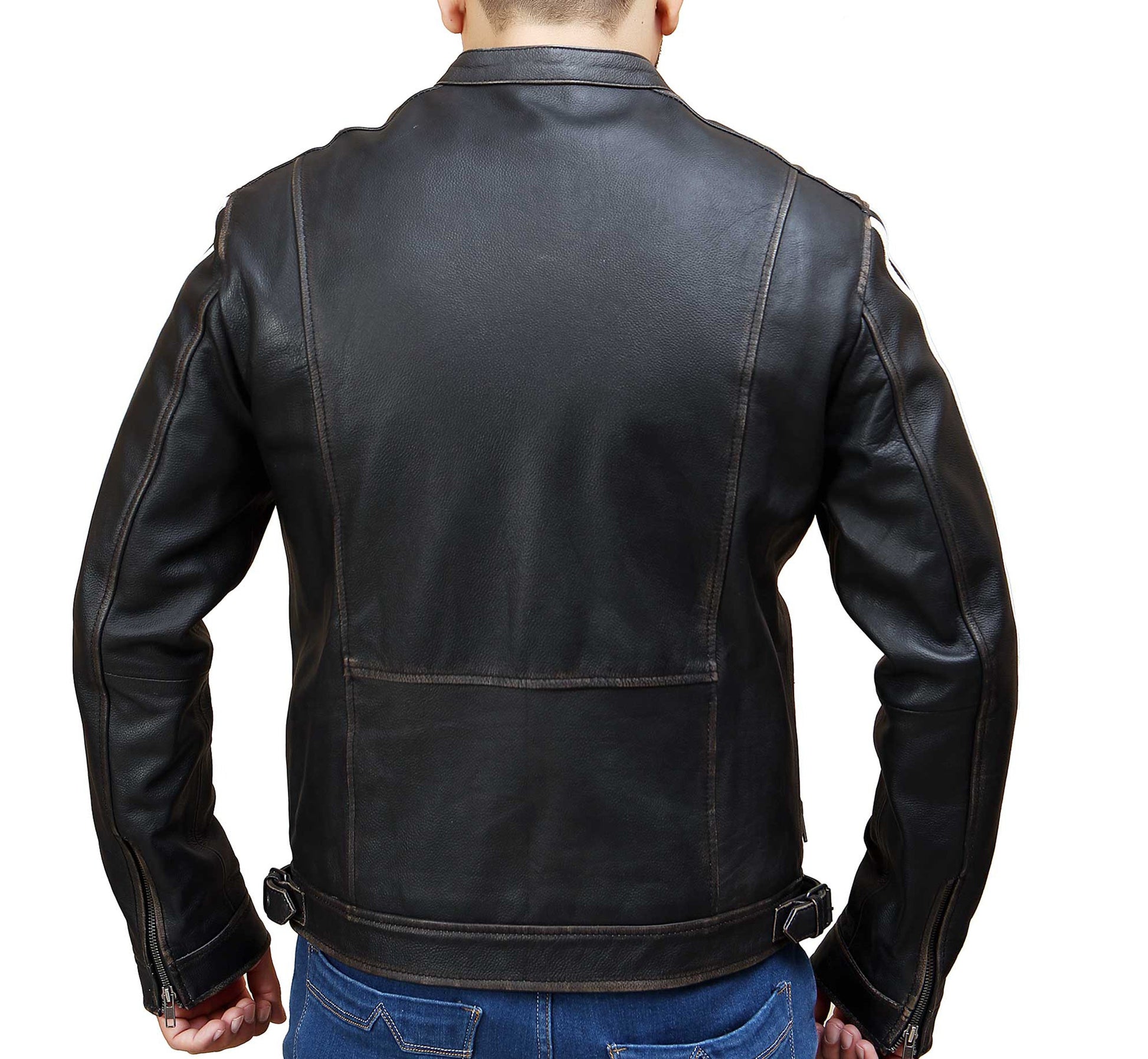 Black Distress With White Straps Real Leather Jacket | Majestic Leather — collar detail | Majestic Leather UK