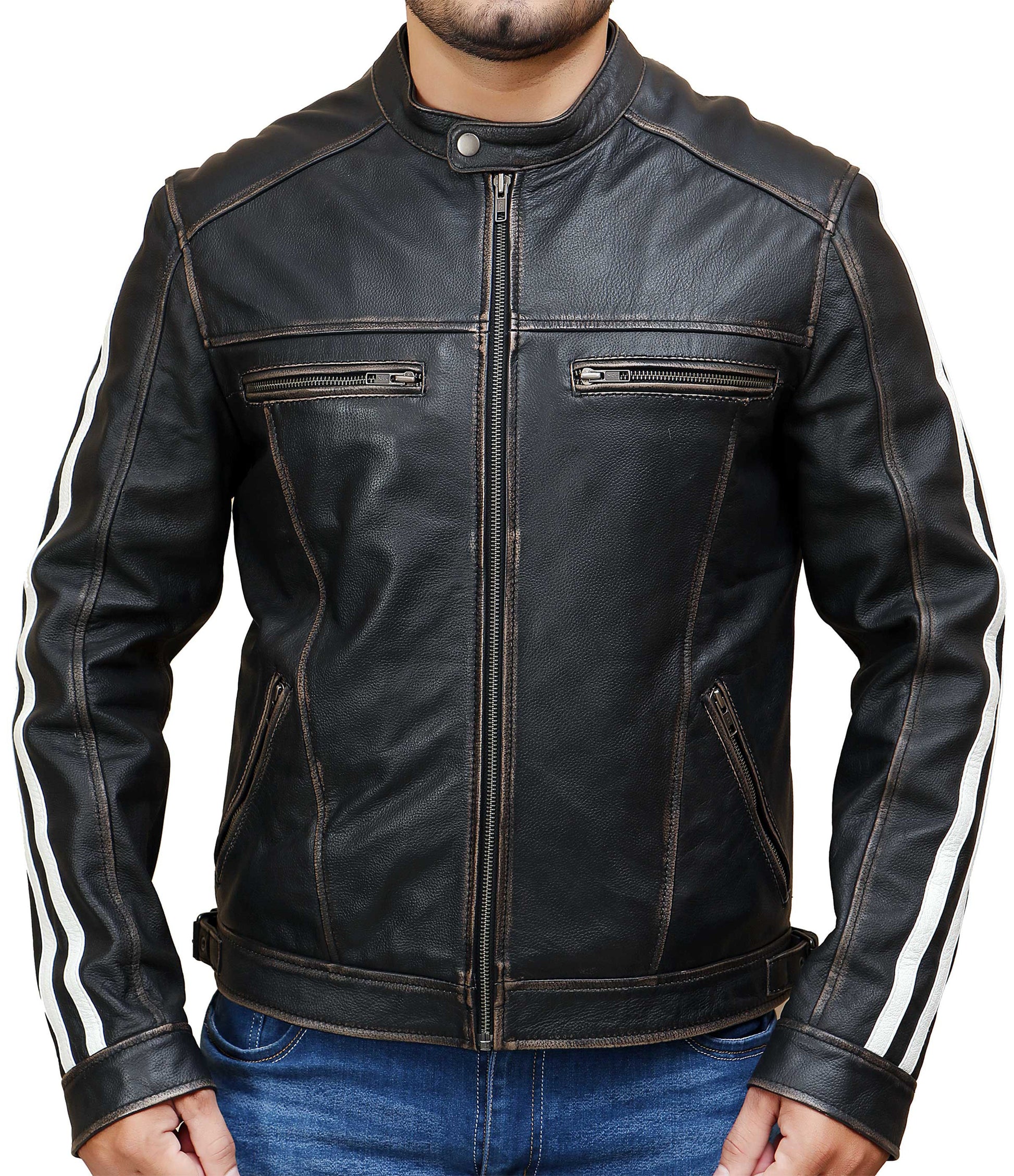 Black Distress With White Straps Real Leather Jacket | Majestic Leather — front view | Majestic Leather UK