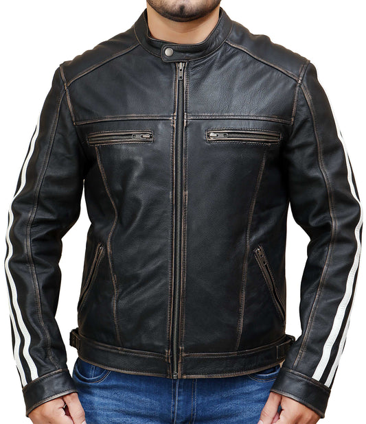 Seinfeld Men's Black Distress Biker Cowhide Leather Jacket — front view | Majestic Leather UK