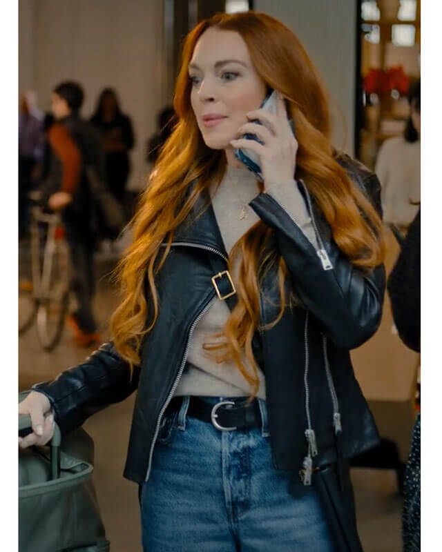 Women Biker - Lindsay Lohan Our Little Secret Biker Leather Jacket — back view | Majestic Leather UK