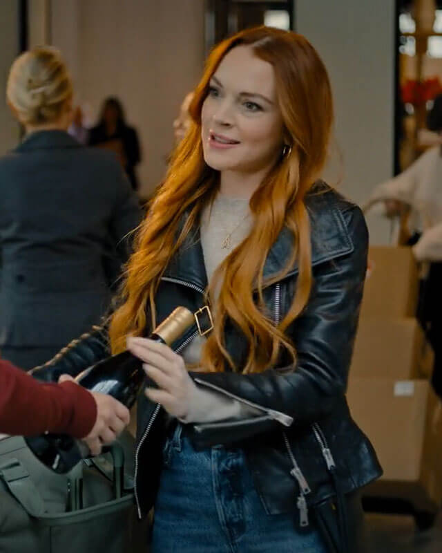 Women Biker - Lindsay Lohan Our Little Secret Biker Leather Jacket — front view | Majestic Leather UK