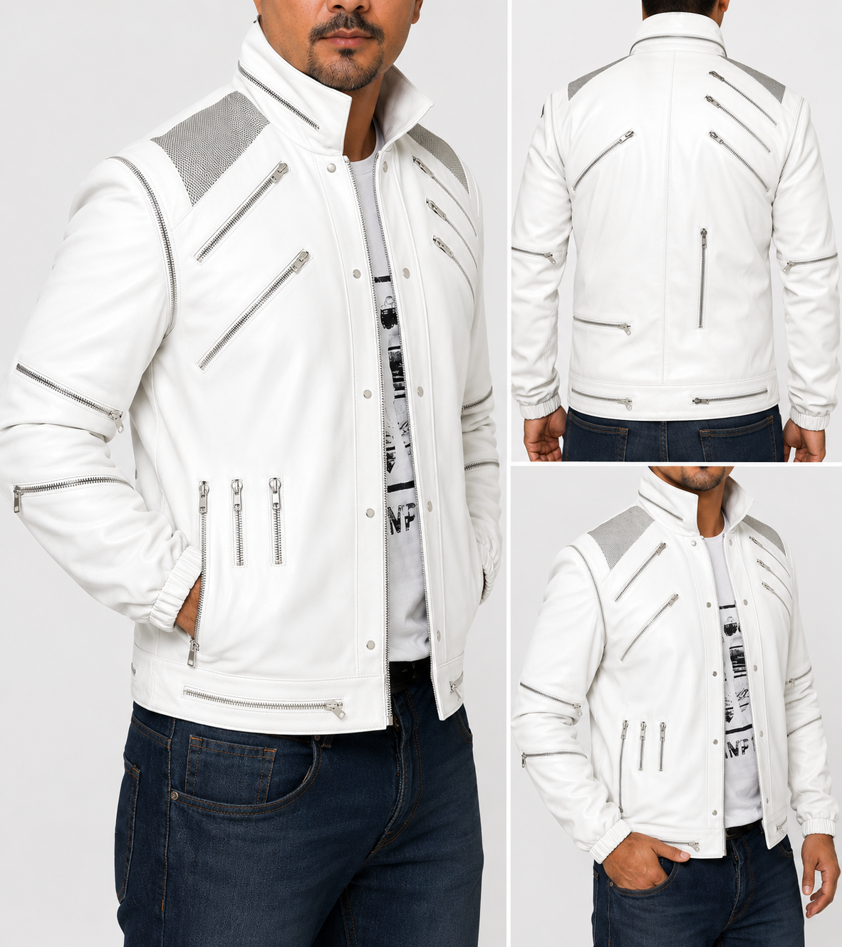 Majestic Leather Michael Jackson White Beat It Leather Jacket Majestic Leather