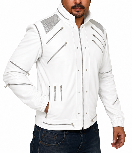 Majestic Leather Michael Jackson White Beat It Leather Jacket Majestic Leather