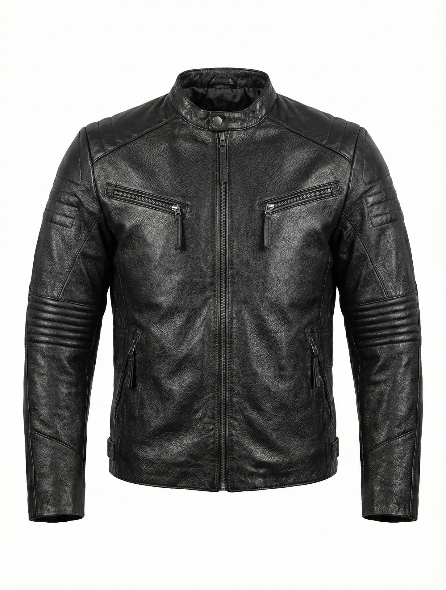 Biker Cafe Racer Black Leather Jacket ABD-706 | Majestic Leather — front view | Majestic Leather UK