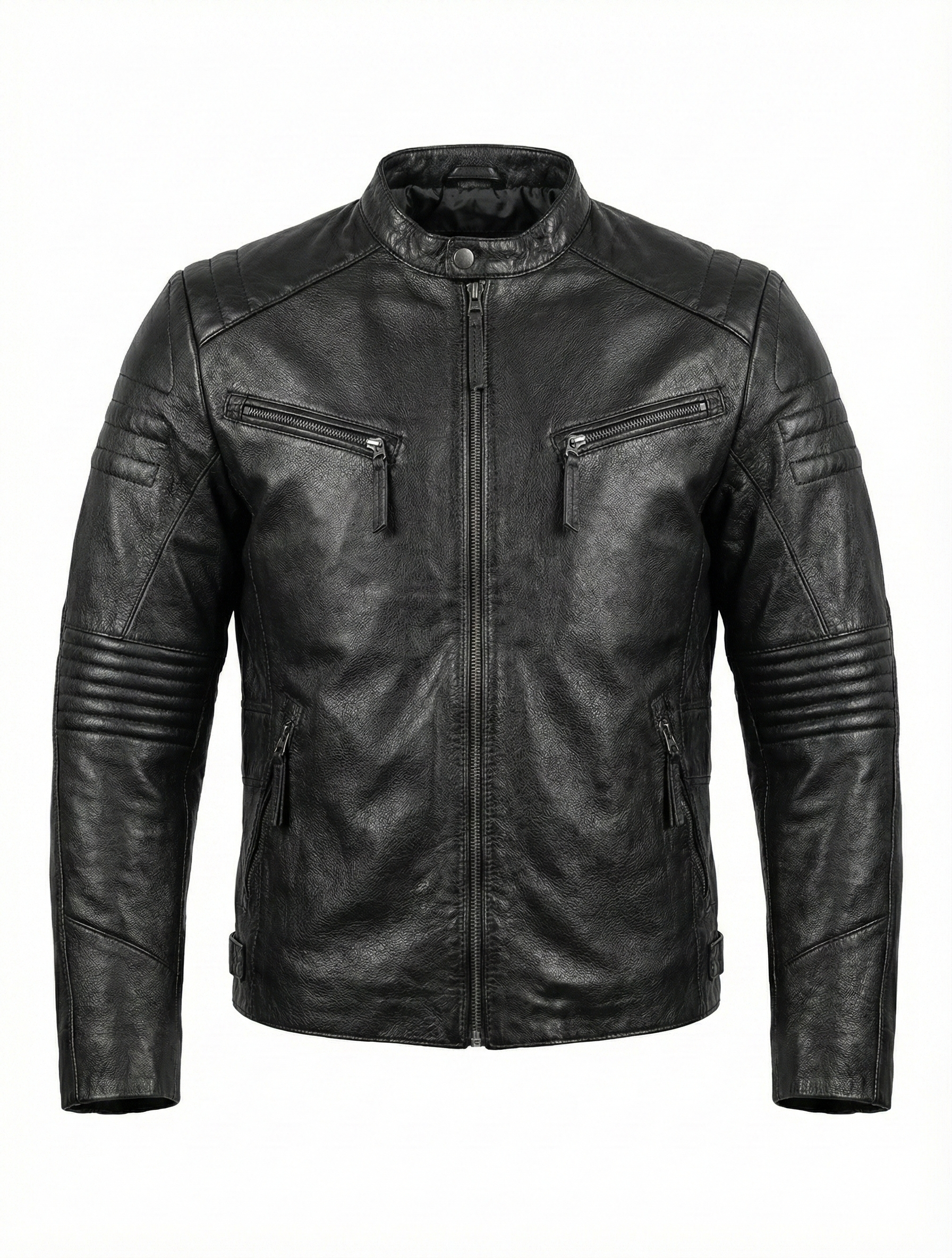 Biker Cafe Racer Black Leather Jacket ABD-706 | Majestic Leather — front view | Majestic Leather UK