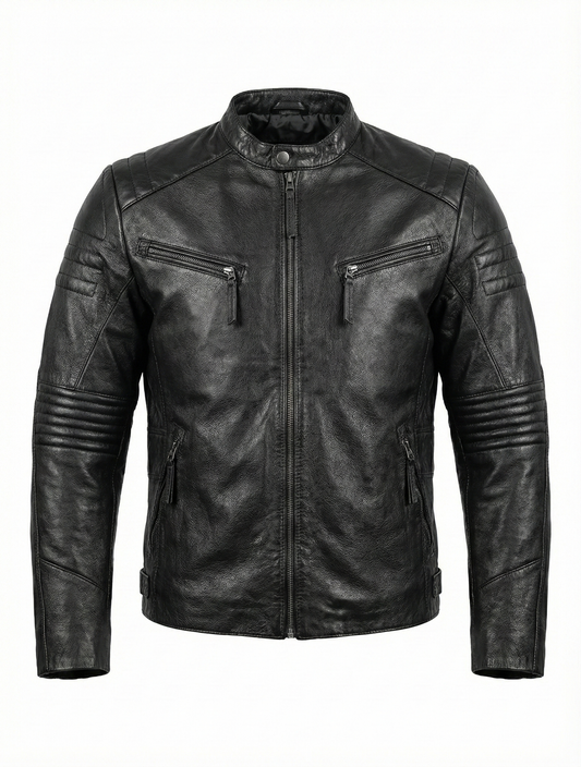 Biker Cafe Racer Black Leather Jacket ABD-706 | Majestic Leather — front view | Majestic Leather UK