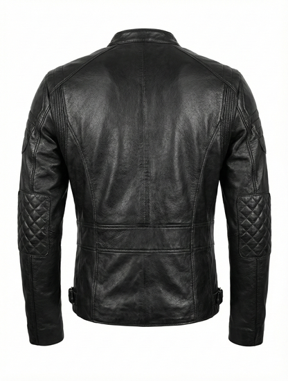Biker Cafe Racer Black Leather Jacket ABD-706 | Majestic Leather — back view | Majestic Leather UK
