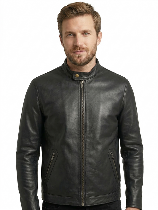 Men's Biker cafe racer Real Leather Jacket Style-777 | Majestic Leather — front view | Majestic Leather UK