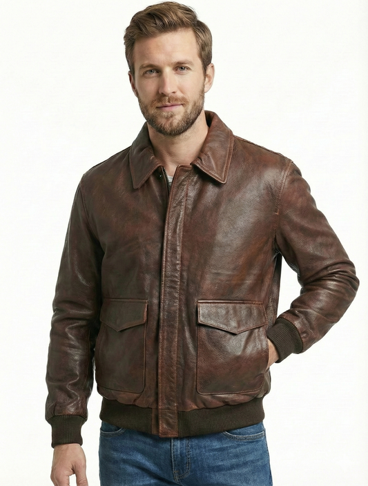 Men's Aviator A-2 Distress Brown Real Leather Jacket style - 420 — front view | Majestic Leather UK