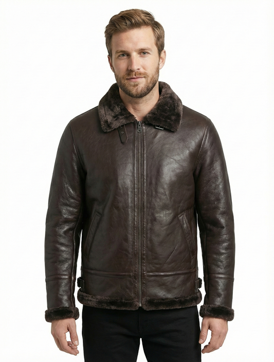 Men's Brown lambskin Leather with Synthetic Fur Lining Style-931 — front view | Majestic Leather UK