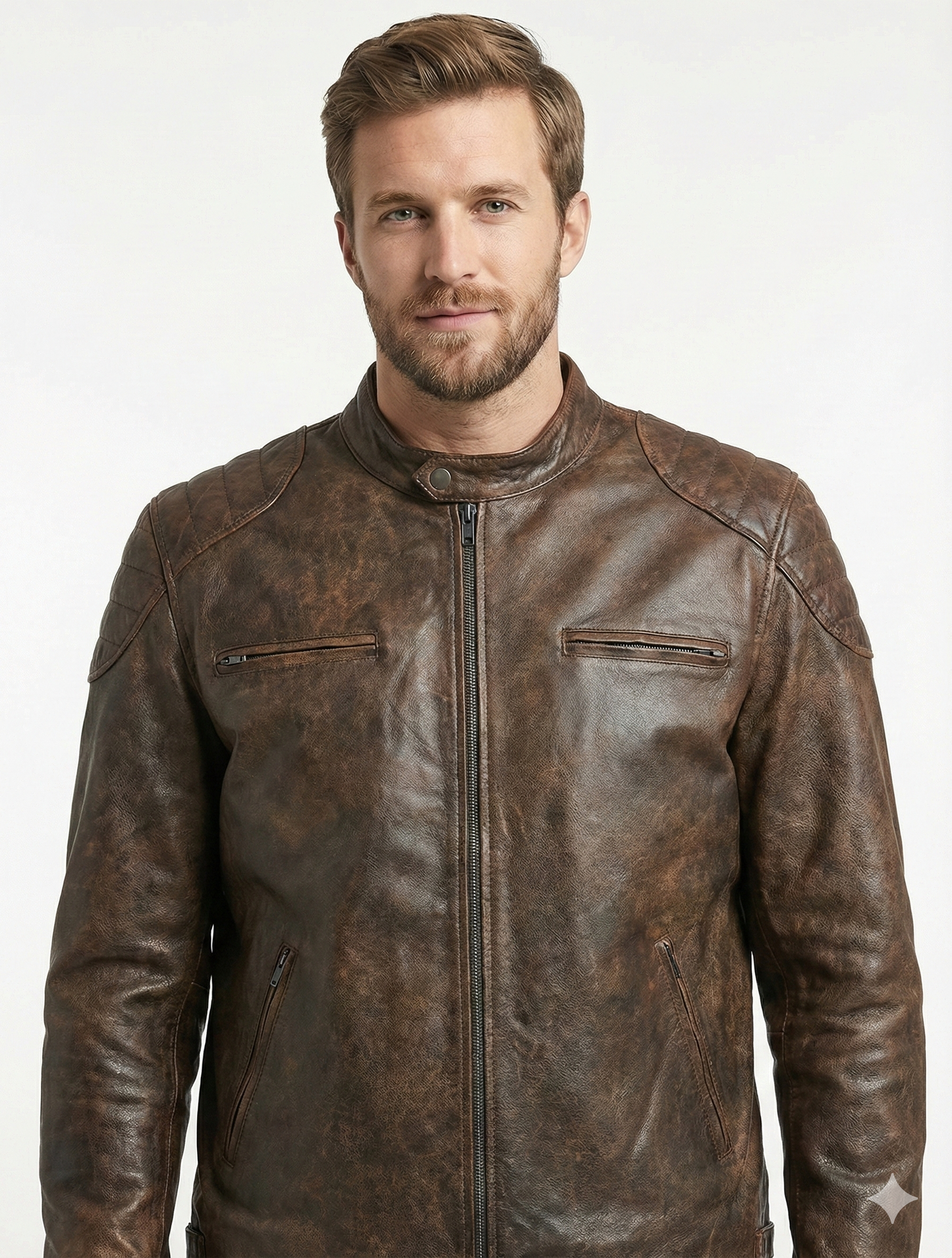BJS Biker Cafe Racer Vintage Brown Leather Jacket | Majestic Leather — front view | Majestic Leather UK