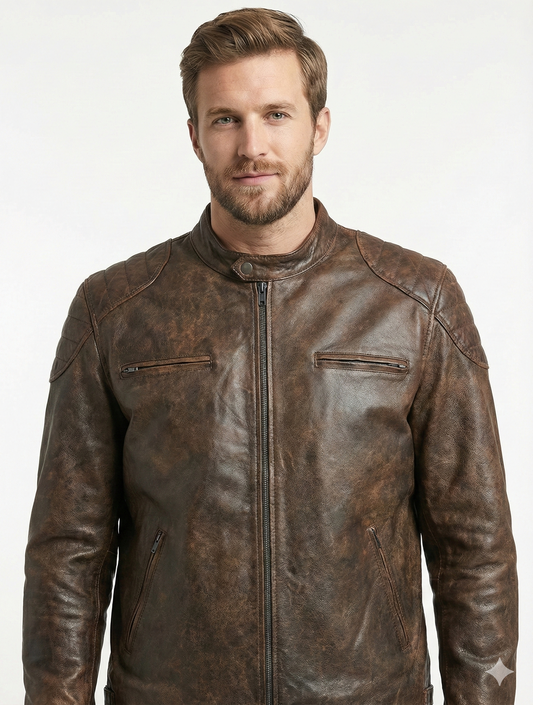 BJS Biker Cafe Racer Vintage Brown Leather Jacket | Majestic Leather — front view | Majestic Leather UK
