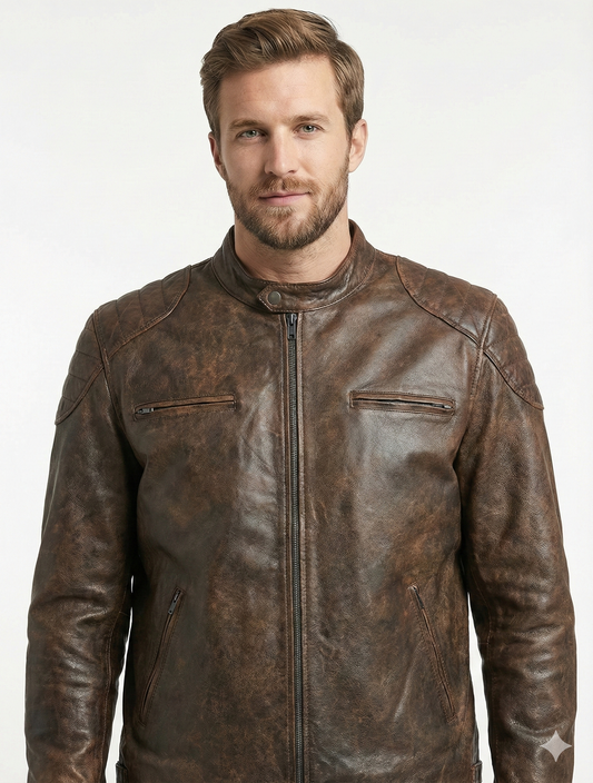BJS Biker Cafe Racer Vintage Brown Leather Jacket | Majestic Leather — front view | Majestic Leather UK