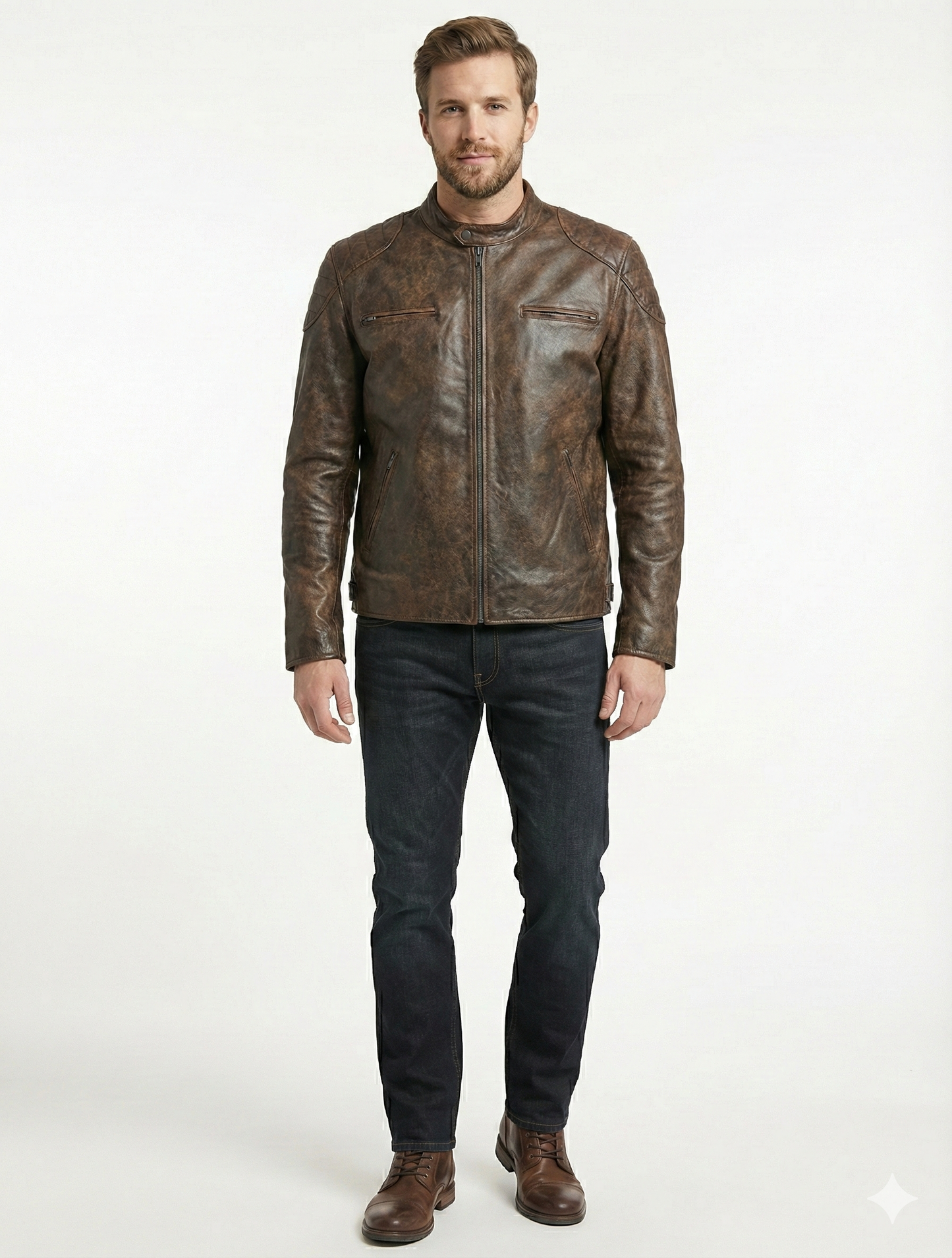 BJS Biker Cafe Racer Vintage Brown Leather Jacket | Majestic Leather — back view | Majestic Leather UK