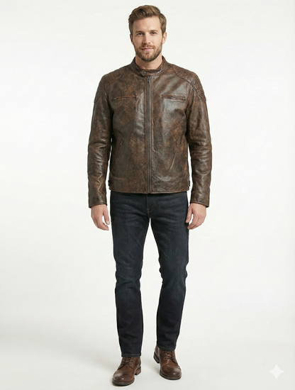 BJS Biker Cafe Racer Vintage Brown Leather Jacket | Majestic Leather — back view | Majestic Leather UK
