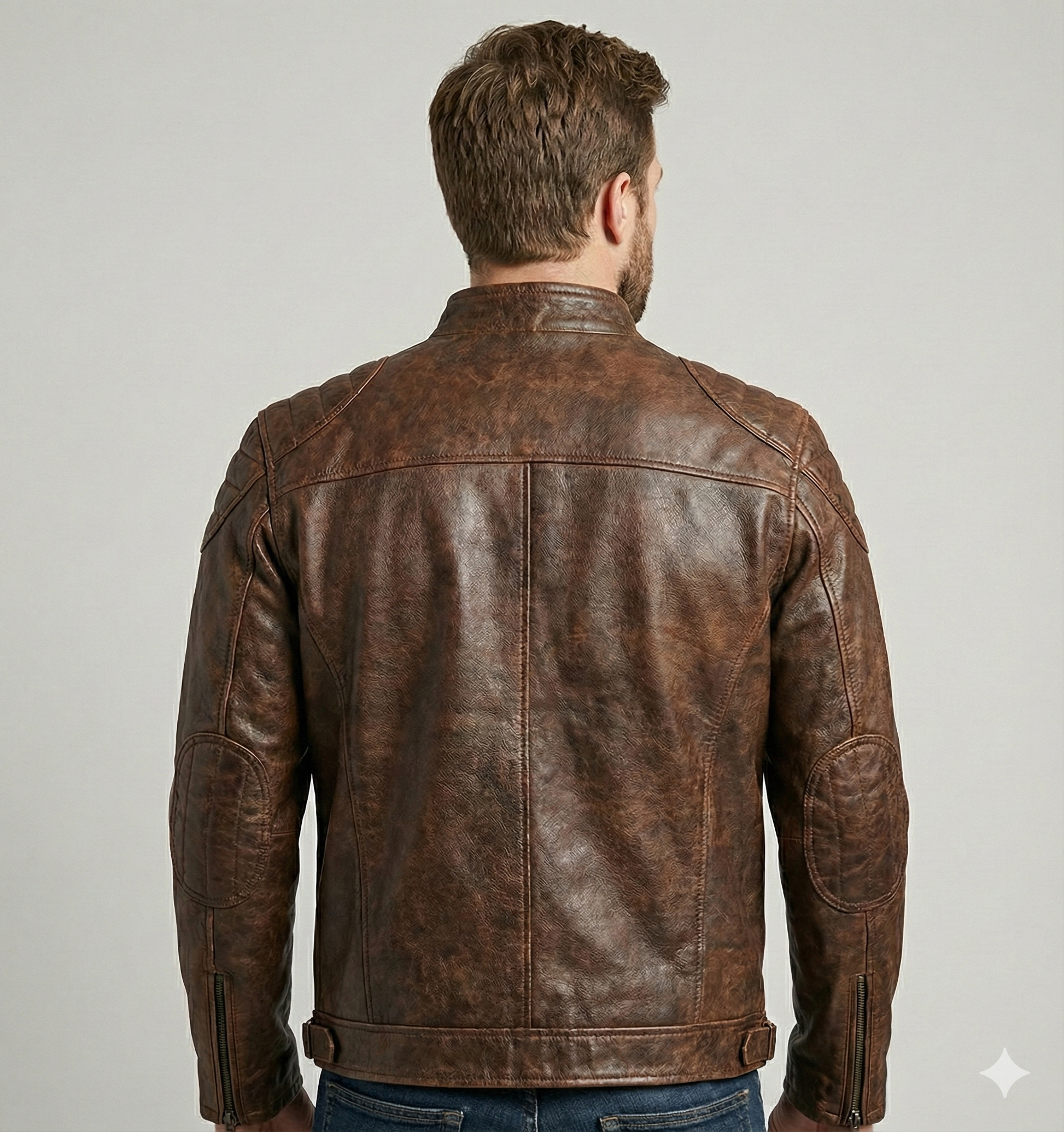 BJS Biker Cafe Racer Vintage Brown Leather Jacket | Majestic Leather — collar detail | Majestic Leather UK