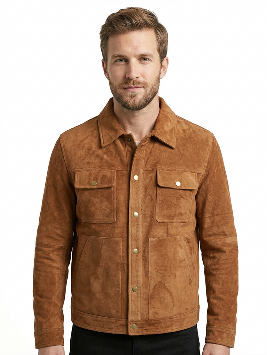 Men's Biker Suede Tan Leather Jacket — front view | Majestic Leather UK