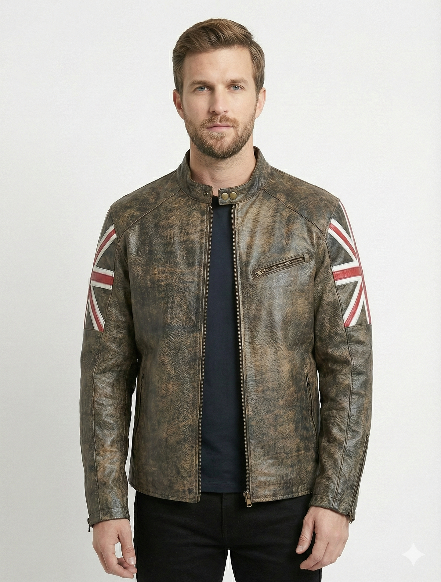 Biker Vintage Cafe Racer Distressed Black Leather Jacket Style - 974 — collar detail | Majestic Leather UK