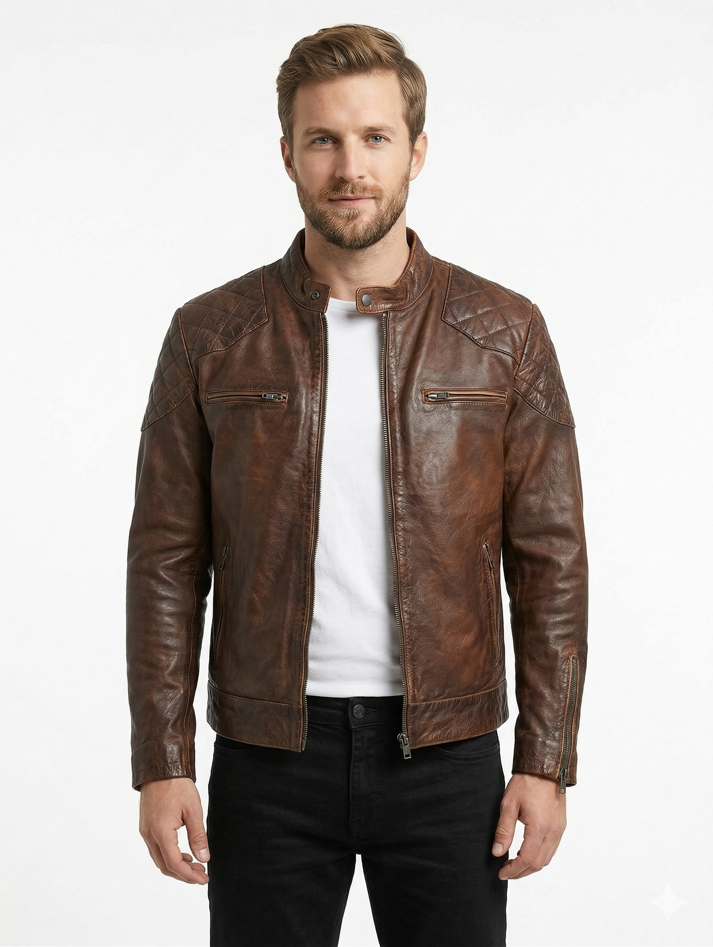 Men's Cafe Racer Brown Biker Leather Jacket Style - 744 | Majestic Leather — back view | Majestic Leather UK